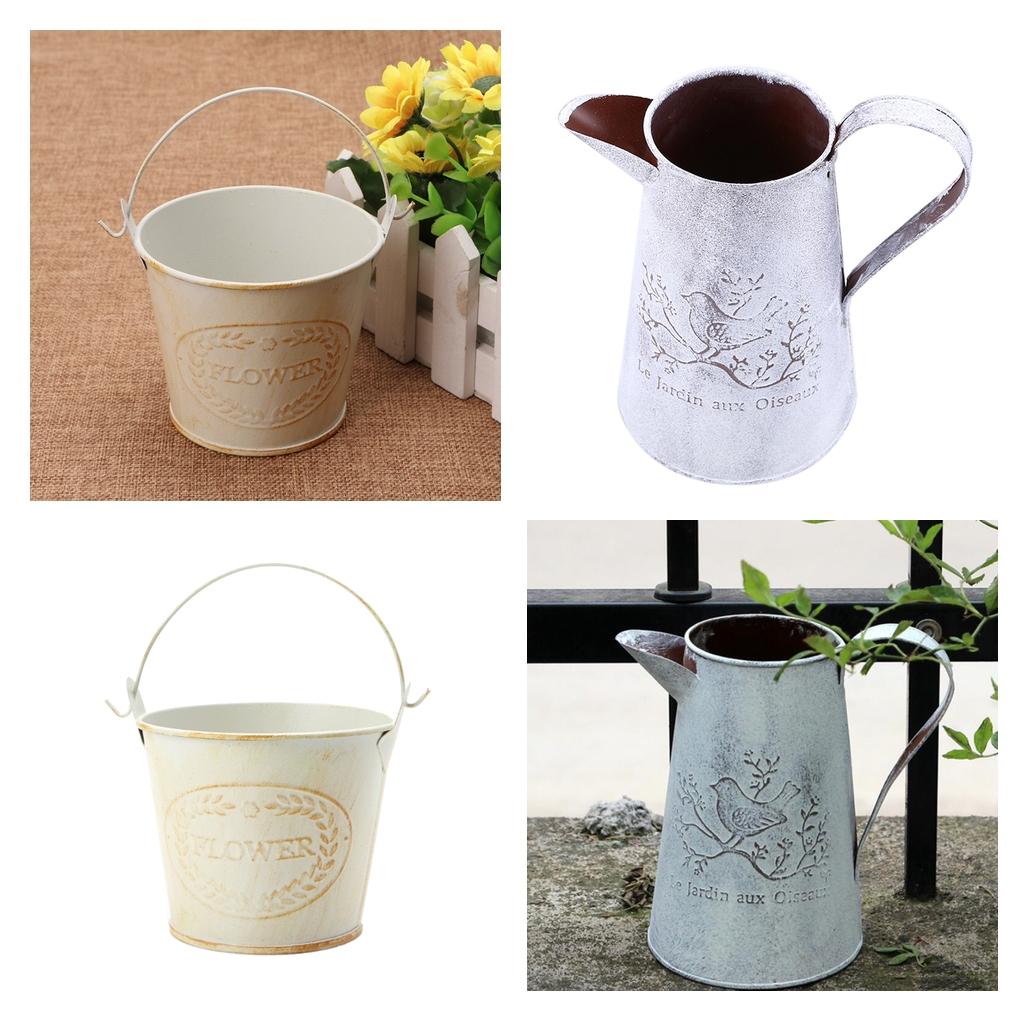 2pcs Shabby Chic Galvanised Metal Iron Flower Plants Bucket Flower Vase Pot