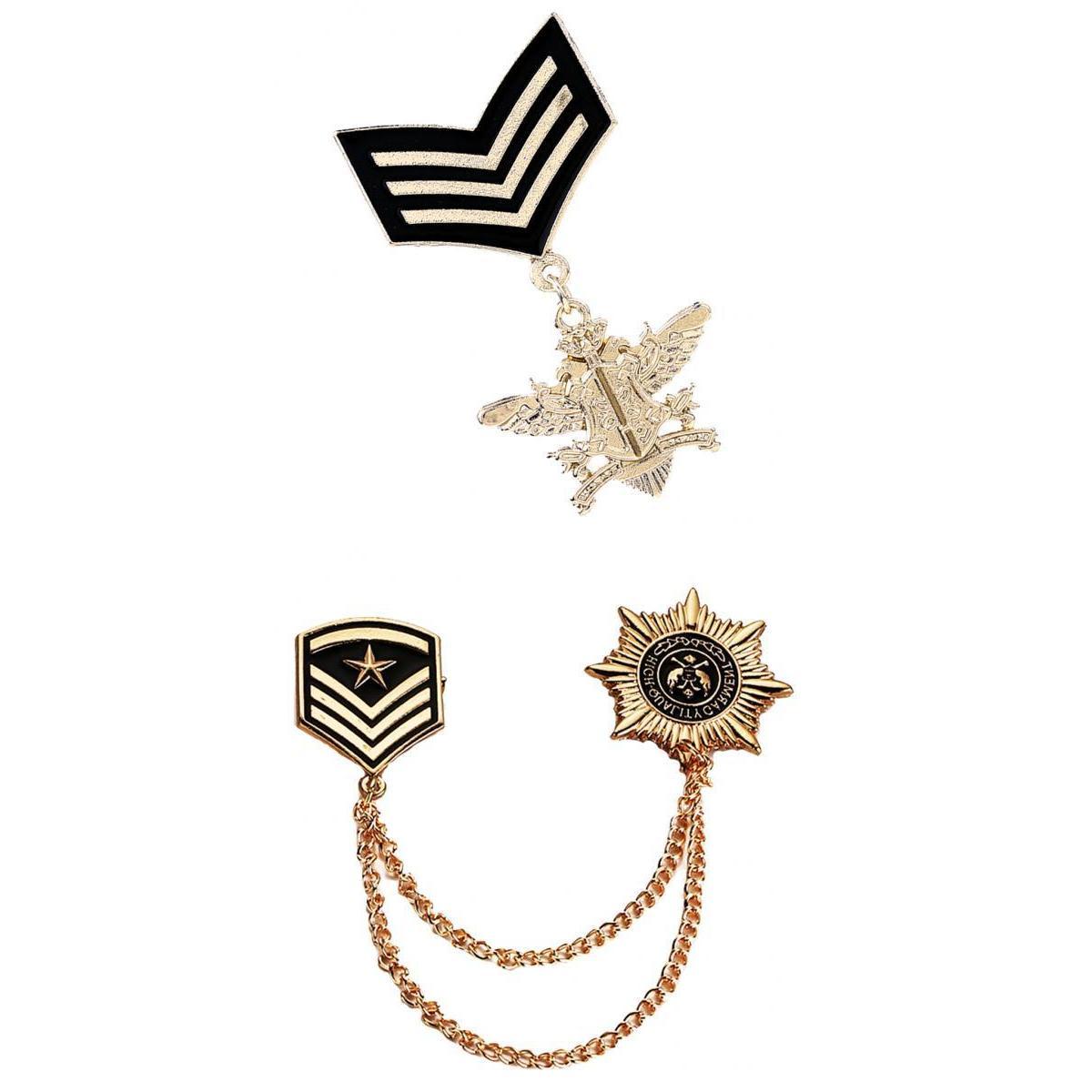2 Pieces Retro Alloy Chain Brooch Pins Star Shield Army Badge Men Accessory