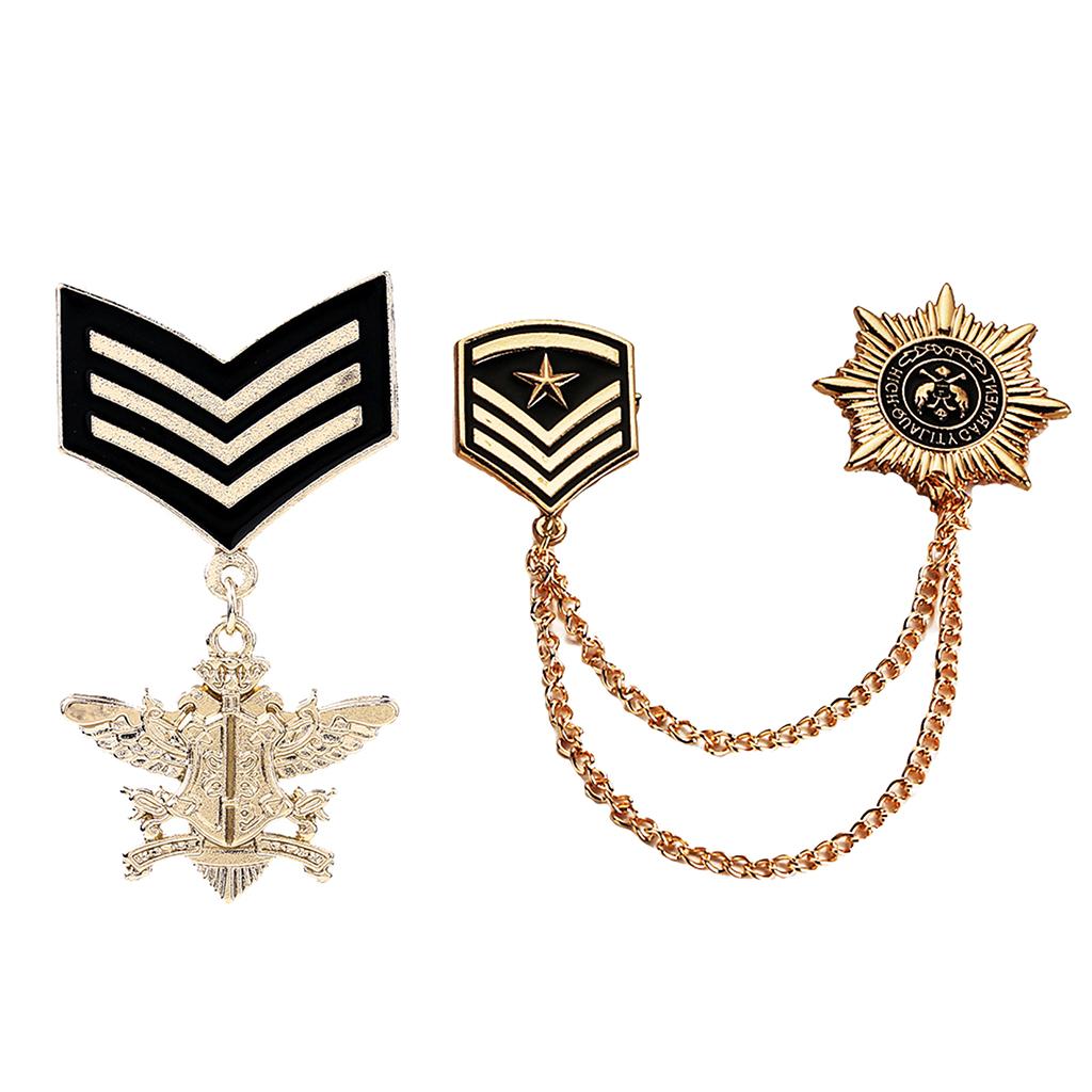 2 Pieces Retro Alloy Chain Brooch Pins Star Shield Army Badge Men Accessory