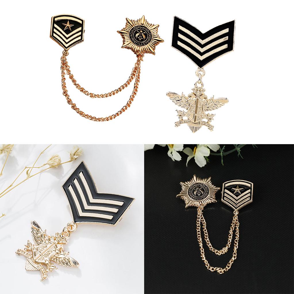 2 Pieces Retro Alloy Chain Brooch Pins Star Shield Army Badge Men Accessory