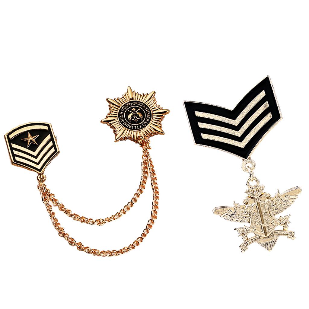 2 Pieces Retro Alloy Chain Brooch Pins Star Shield Army Badge Men Accessory