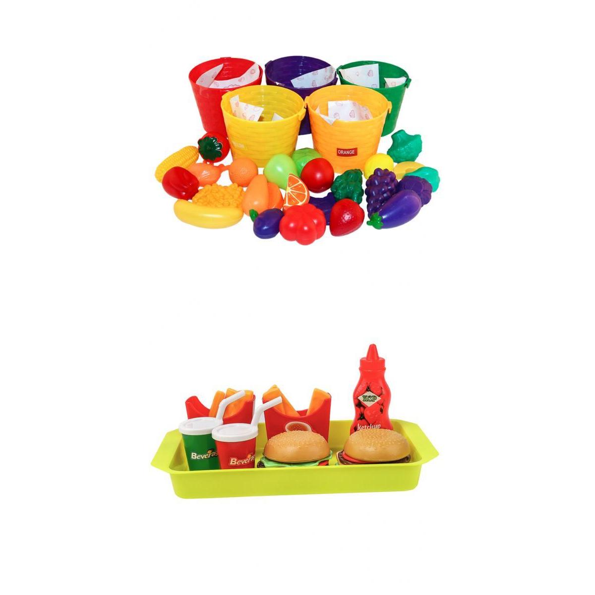 8pcs Simulation Fast Food Drinks Cuisine & 30pcs Fruits Baskets Set Kids Toy