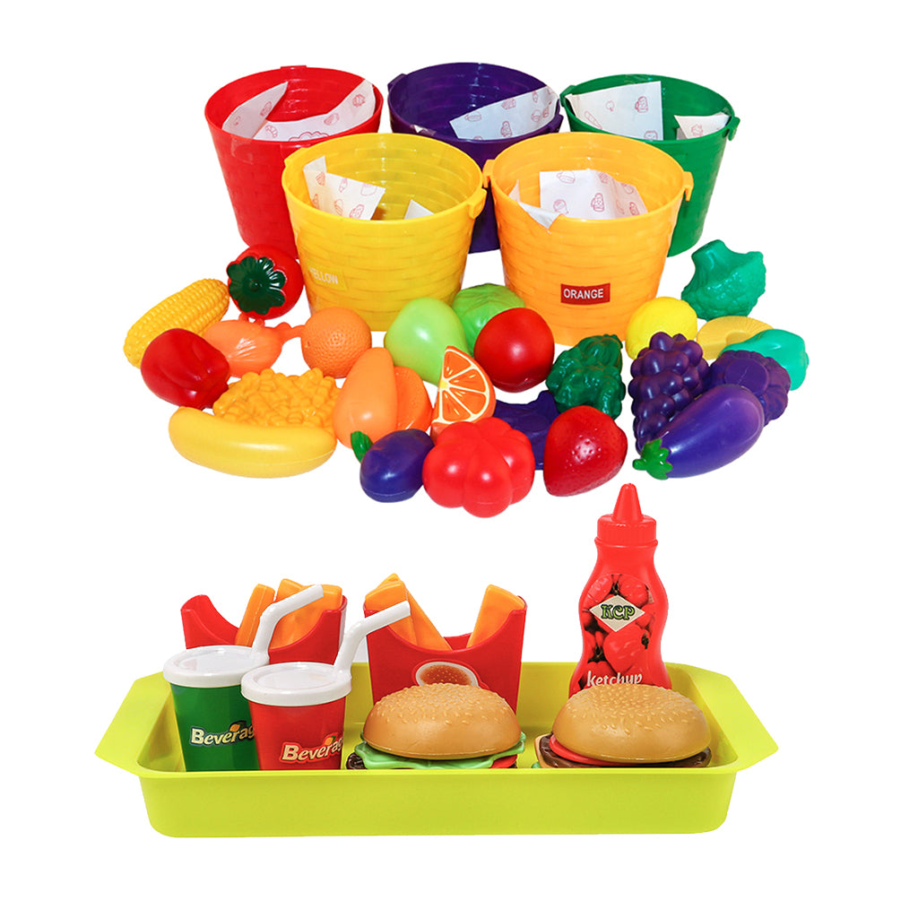 8pcs Simulation Fast Food Drinks Cuisine & 30pcs Fruits Baskets Set Kids Toy