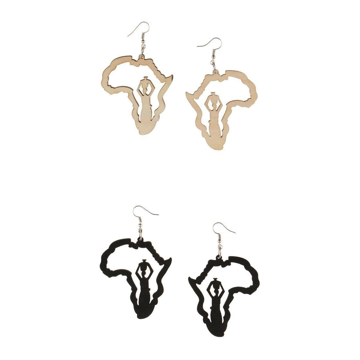 2 Pair Vintage Ethnic Natural Women Wooden African Map Tribal Drop Earrings