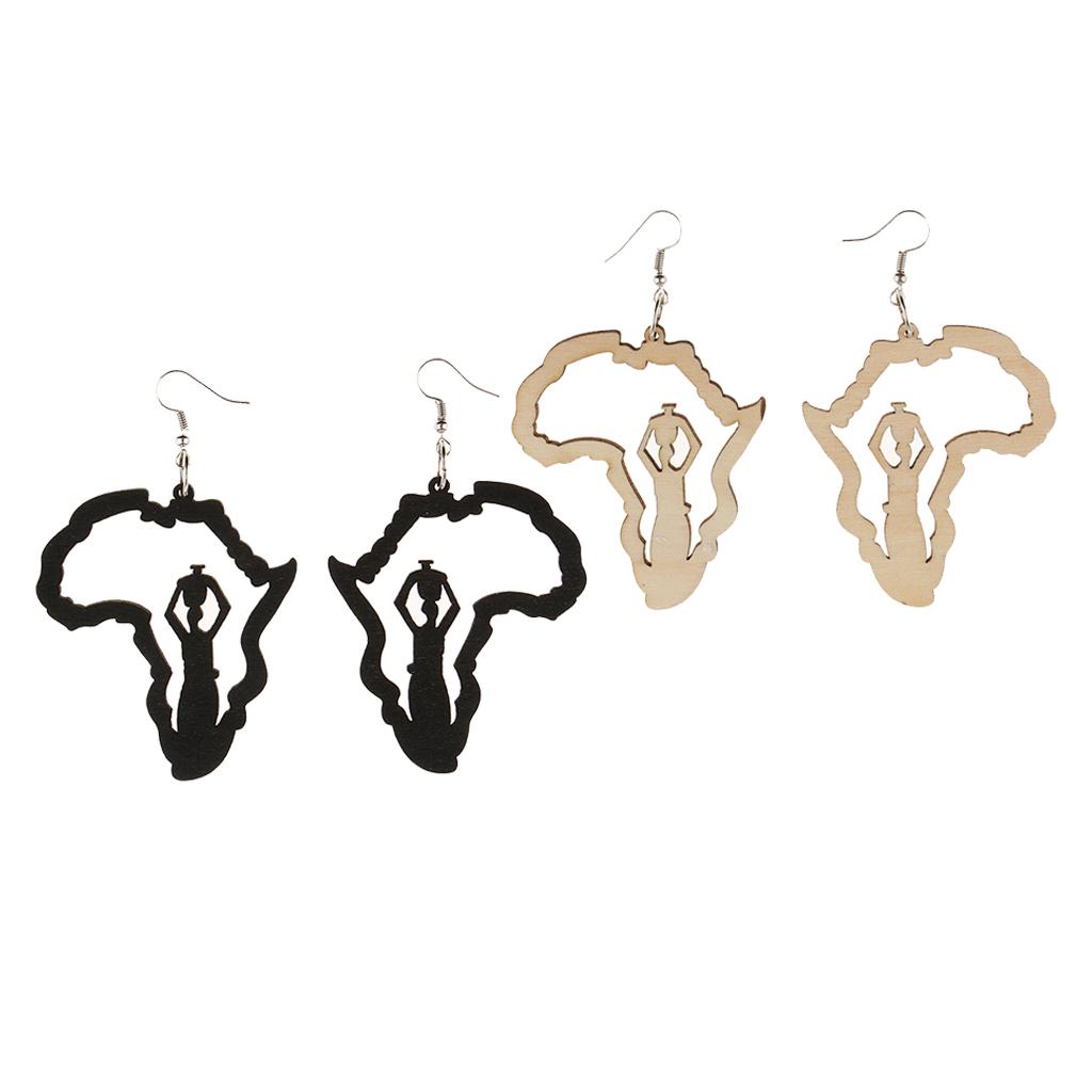 2 Pair Vintage Ethnic Natural Women Wooden African Map Tribal Drop Earrings
