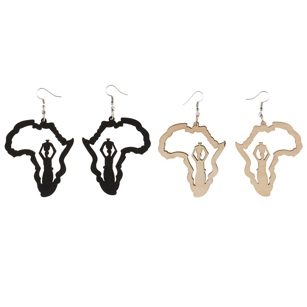 2 Pair Vintage Ethnic Natural Women Wooden African Map Tribal Drop Earrings