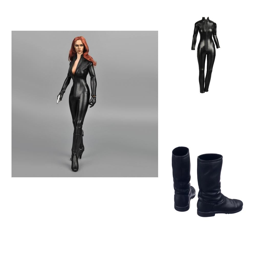 1/6 Female Clothes PU Jumpsuit and Flat Long Boots Shoes for 12'' Figures