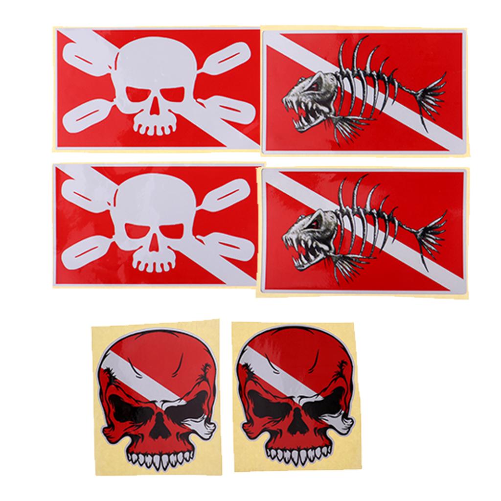 6pcs/Set Reflective Scuba Diving Diver Kayak Sticker Decal Marker Skull Red
