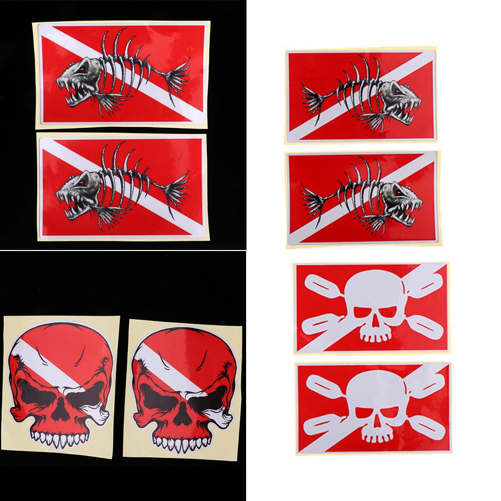 6pcs/Set Reflective Scuba Diving Diver Kayak Sticker Decal Marker Skull Red