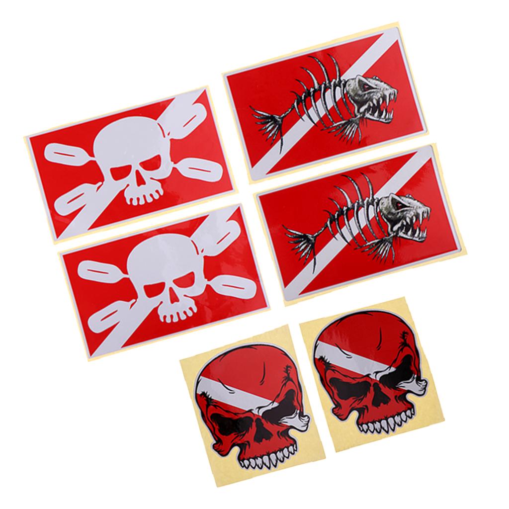 6pcs/Set Reflective Scuba Diving Diver Kayak Sticker Decal Marker Skull Red