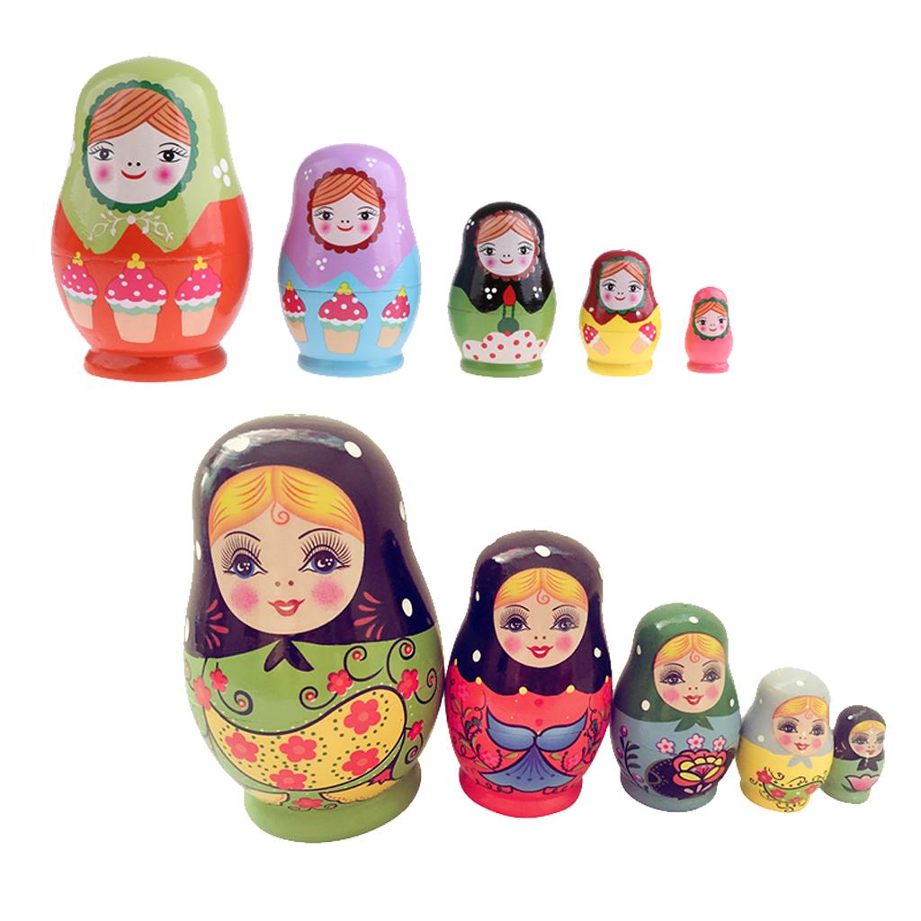 2 Set Wooden Russian Nesting Dolls Kits Matryoshka for Doll Kids Xmas Gifts