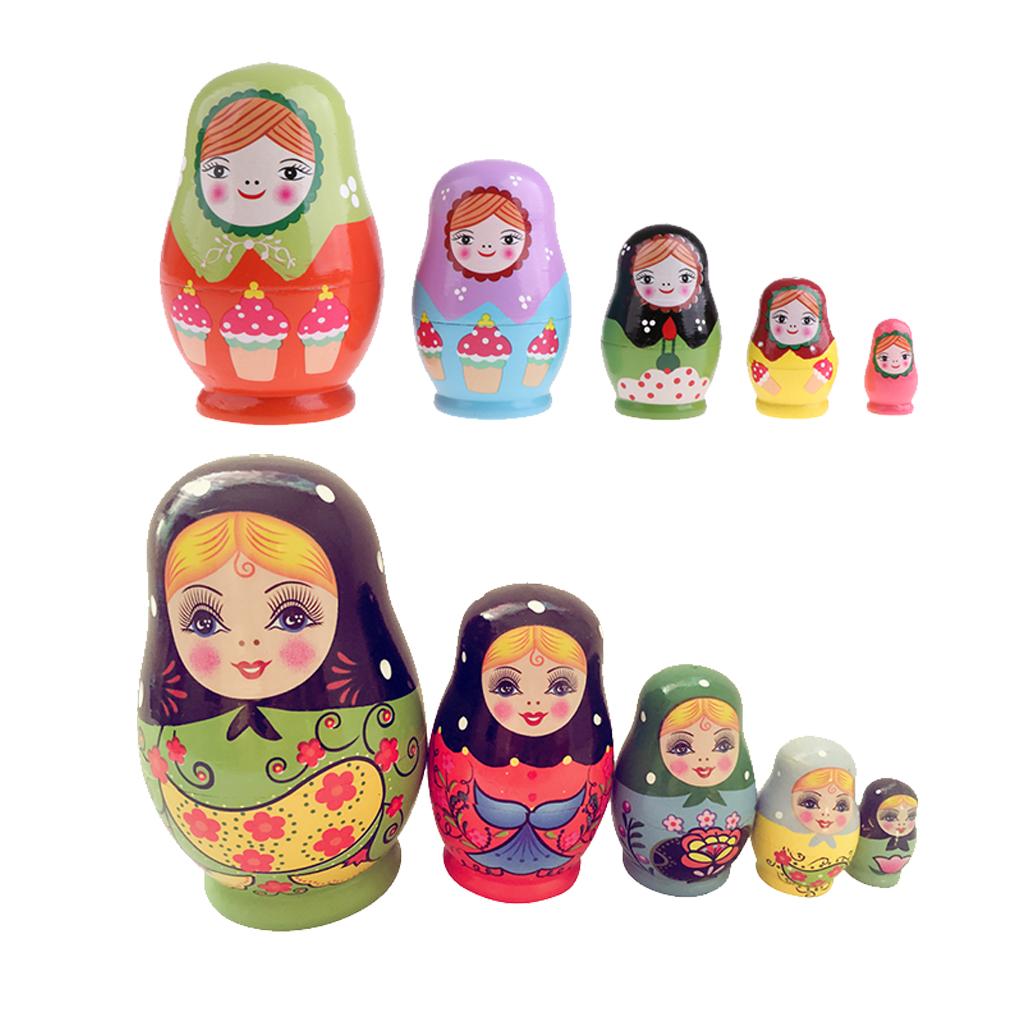 2 Set Wooden Russian Nesting Dolls Kits Matryoshka for Doll Kids Xmas Gifts