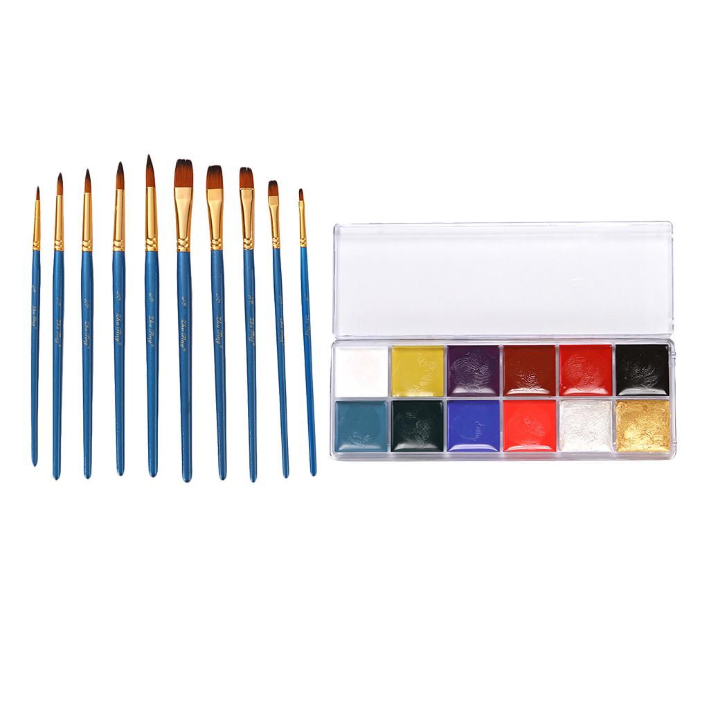 12 Colors Face Body Art Paints Make Up Palette with 10pcs Painting Brushes