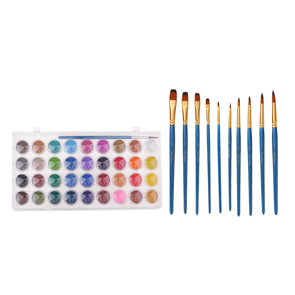 36 Colors Artist Solid Watercolor Paints Pan Set With 10pcs Painting Brushes