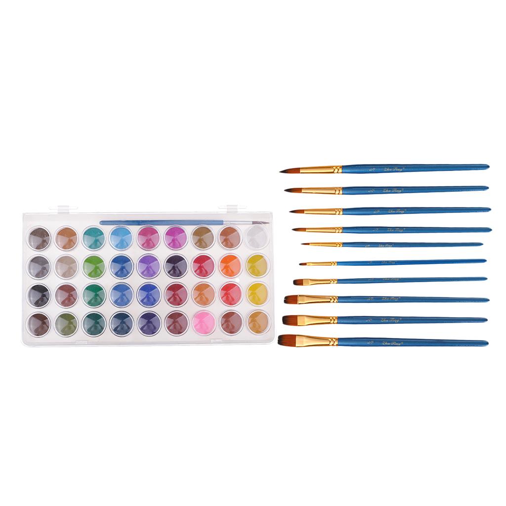 36 Colors Artist Solid Watercolor Paints Pan Set With 10pcs Painting Brushes