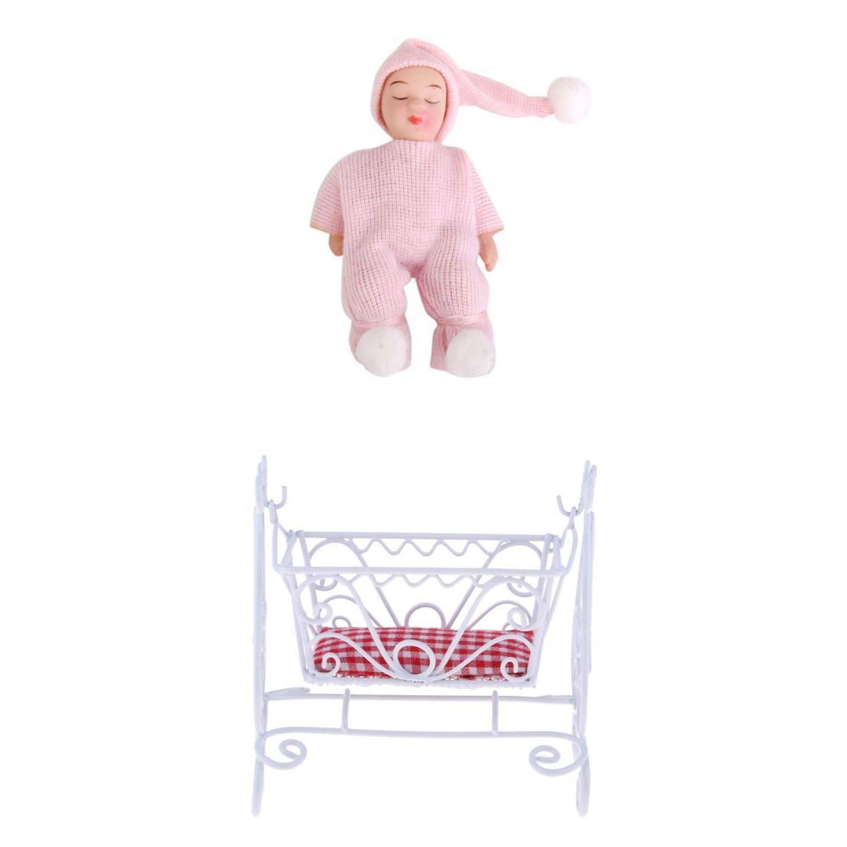 1/12 Dollhouse Miniature Cradle Rocking Bed & Porcelain Sleeping Baby Doll