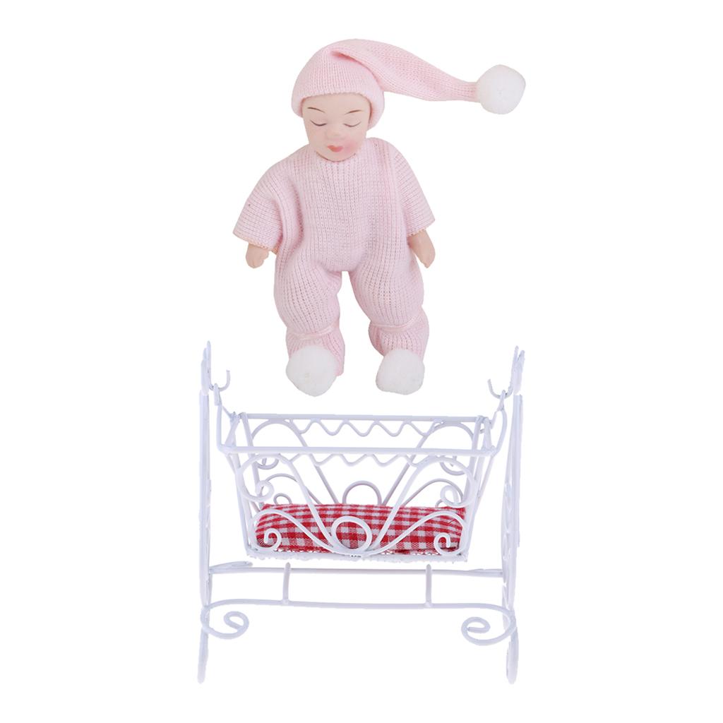 1/12 Dollhouse Miniature Cradle Rocking Bed & Porcelain Sleeping Baby Doll