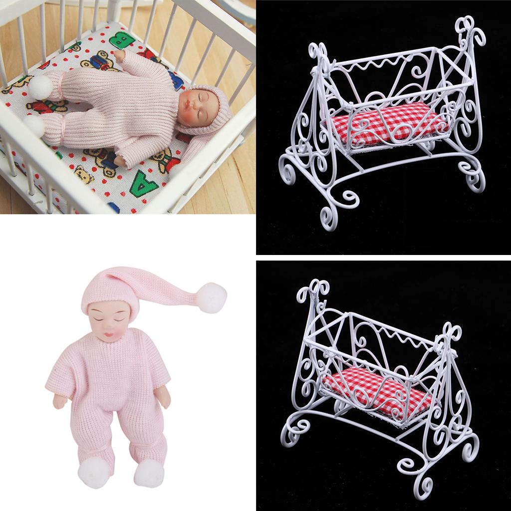 1/12 Dollhouse Miniature Cradle Rocking Bed & Porcelain Sleeping Baby Doll