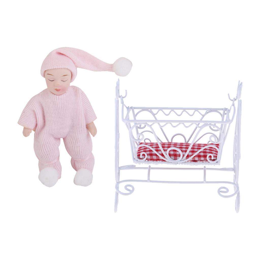 1/12 Dollhouse Miniature Cradle Rocking Bed & Porcelain Sleeping Baby Doll