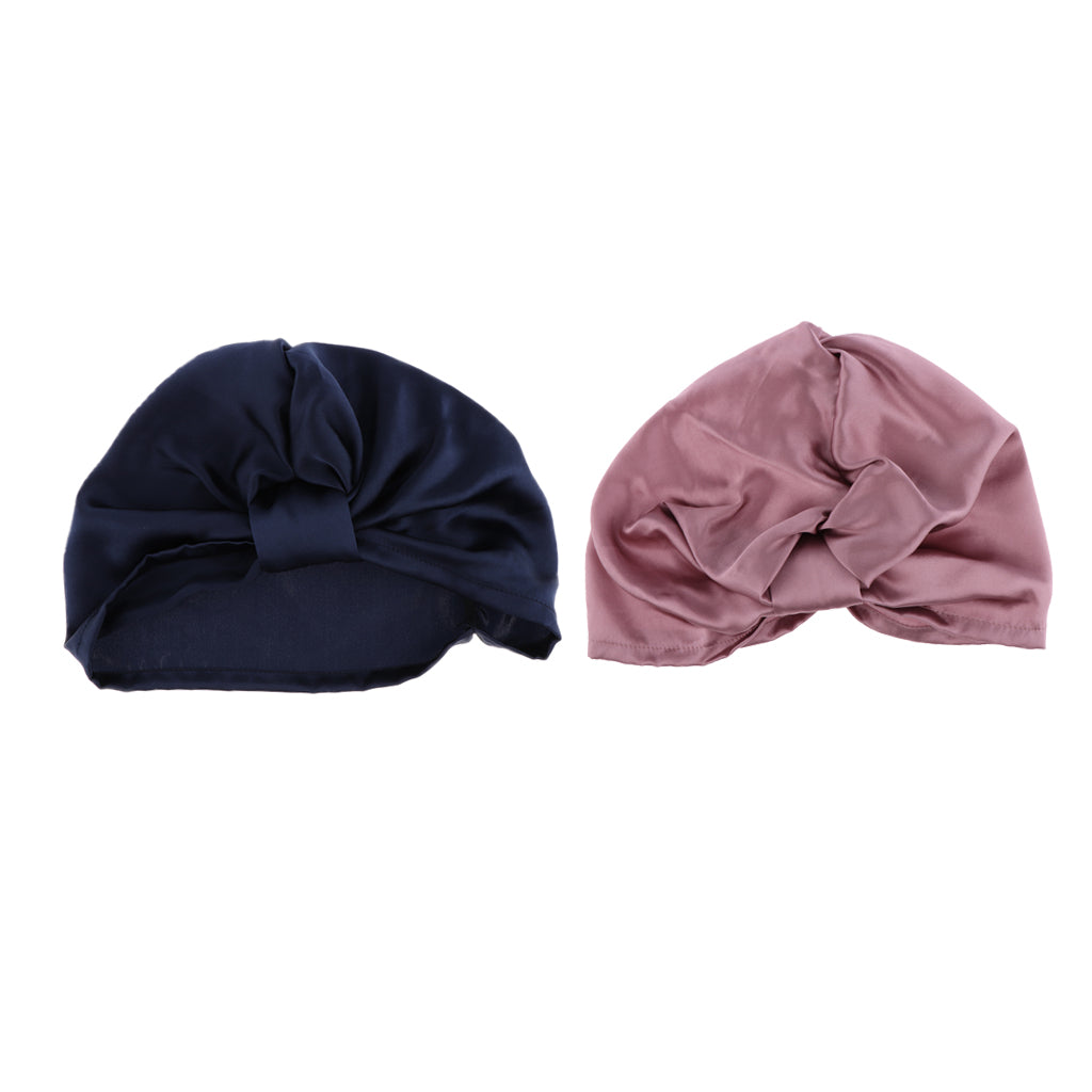2/set Womens Pure Silk Sleep Hats Wrap Night Cap Hair Care Bonnet Pink Blue