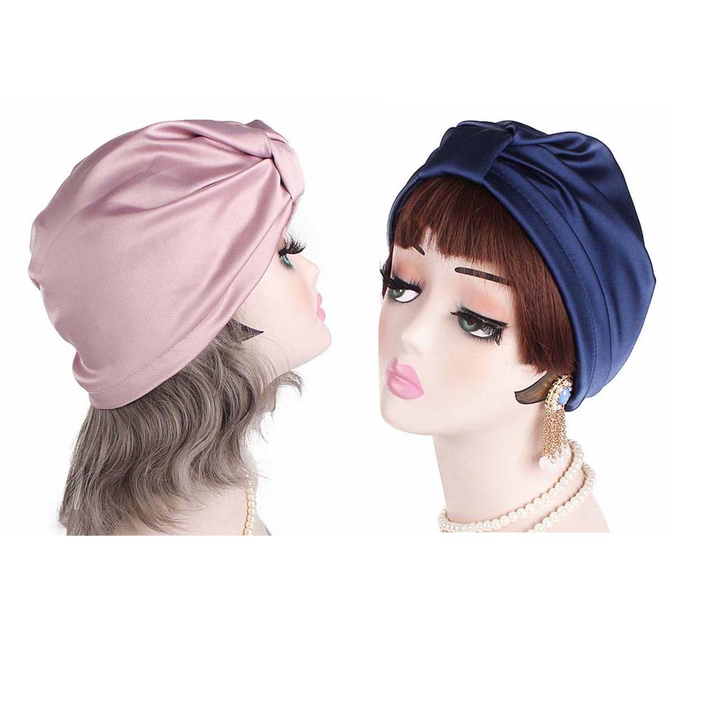2/set Womens Pure Silk Sleep Hats Wrap Night Cap Hair Care Bonnet Pink Blue