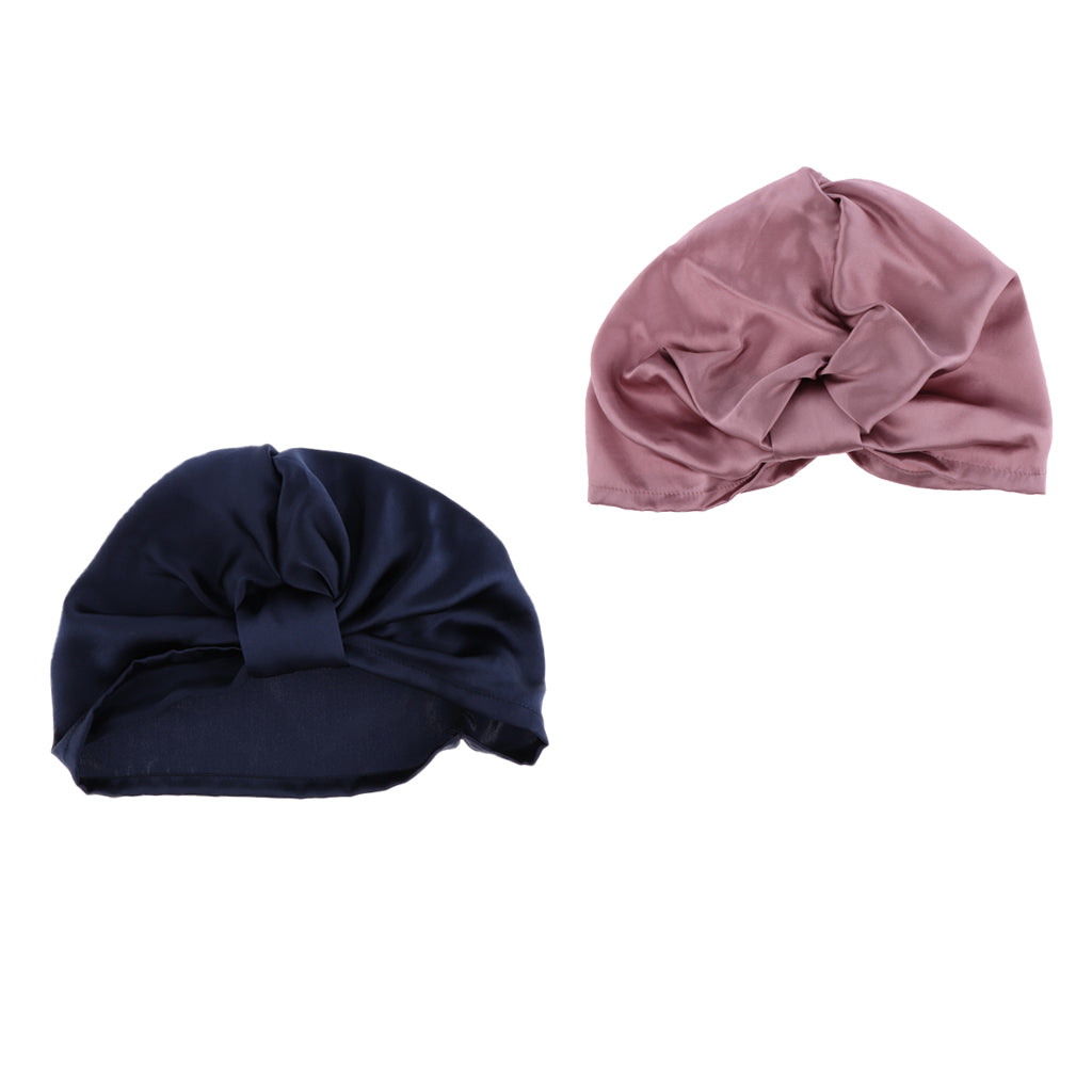 2/set Womens Pure Silk Sleep Hats Wrap Night Cap Hair Care Bonnet Pink Blue
