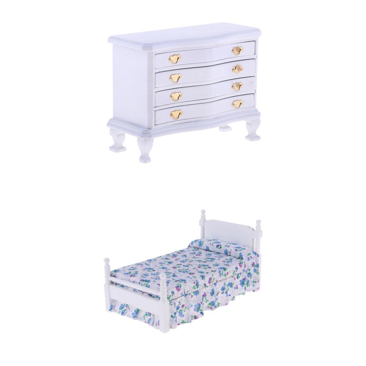 1:12 Dollhouse Miniature Furniture Wooden Single Bed & Bedside Cabinet Decor
