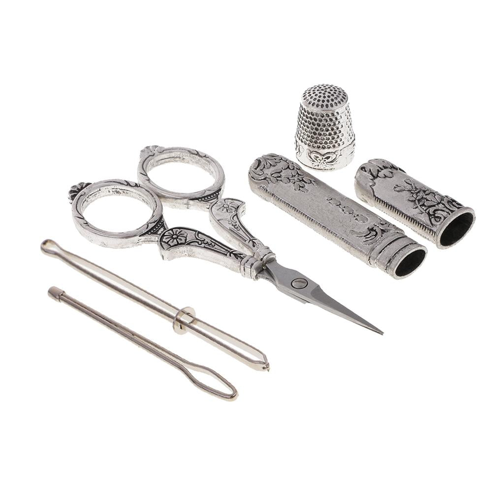 5pcs European Vintage Sewing Kit with Scissor Thimble Needle Case Threaders