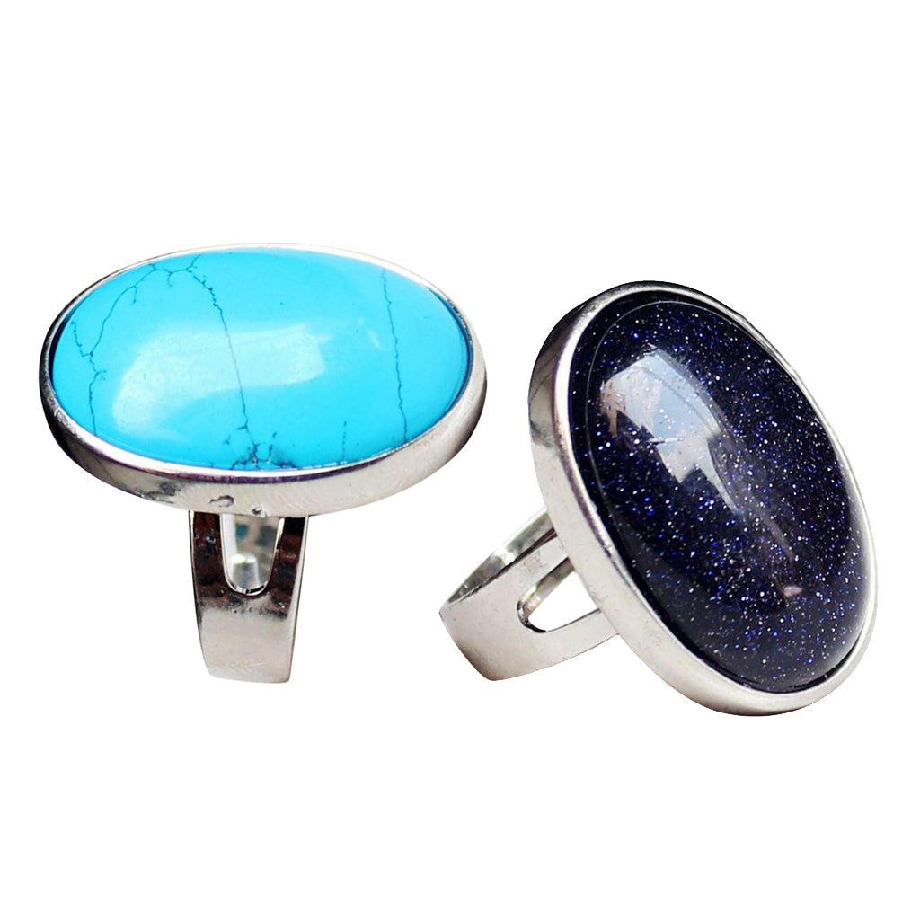 2 Pieces Natural Crystal Oval Gemstone Wedding Finger Ring Adjustable Band