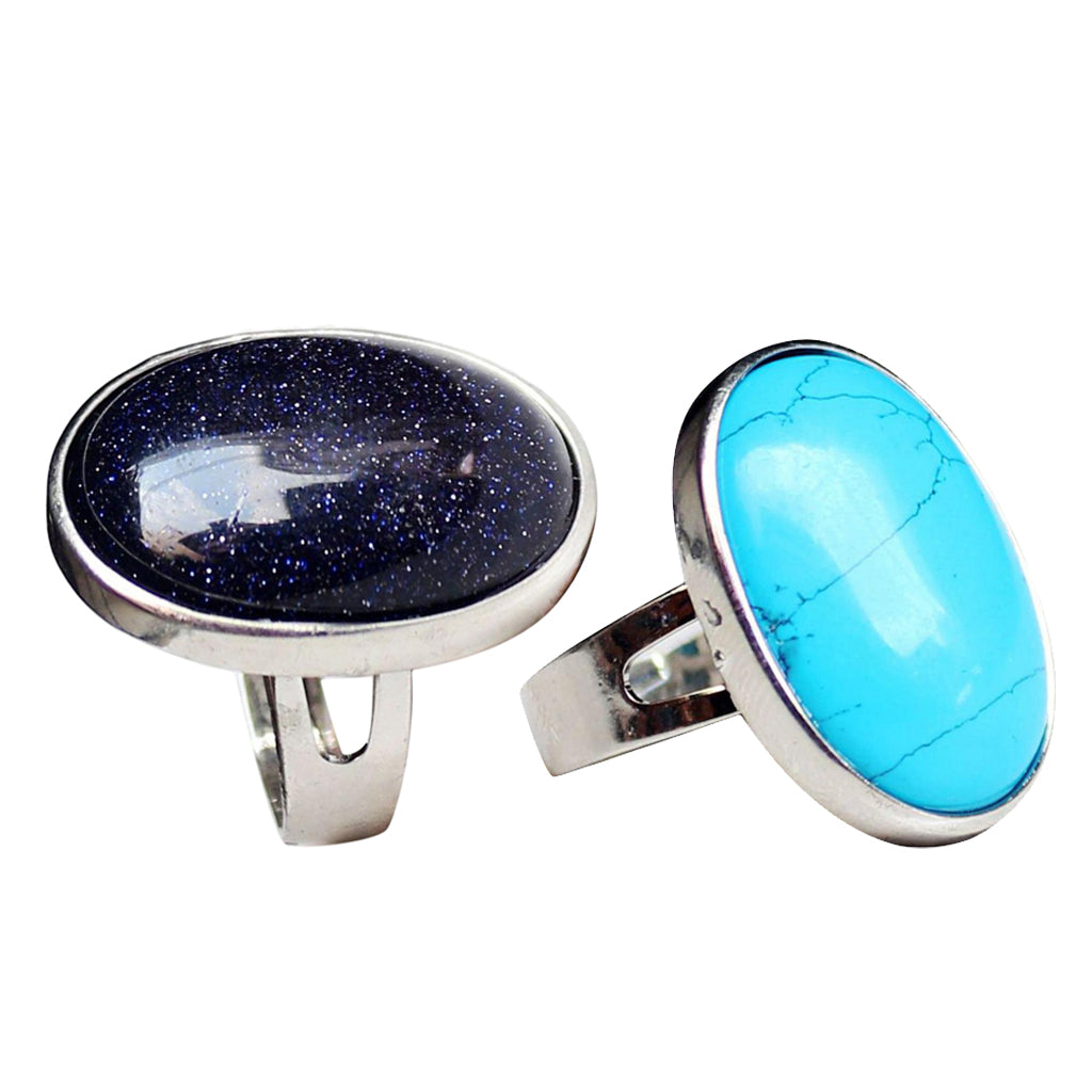2 Pieces Natural Crystal Oval Gemstone Wedding Finger Ring Adjustable Band