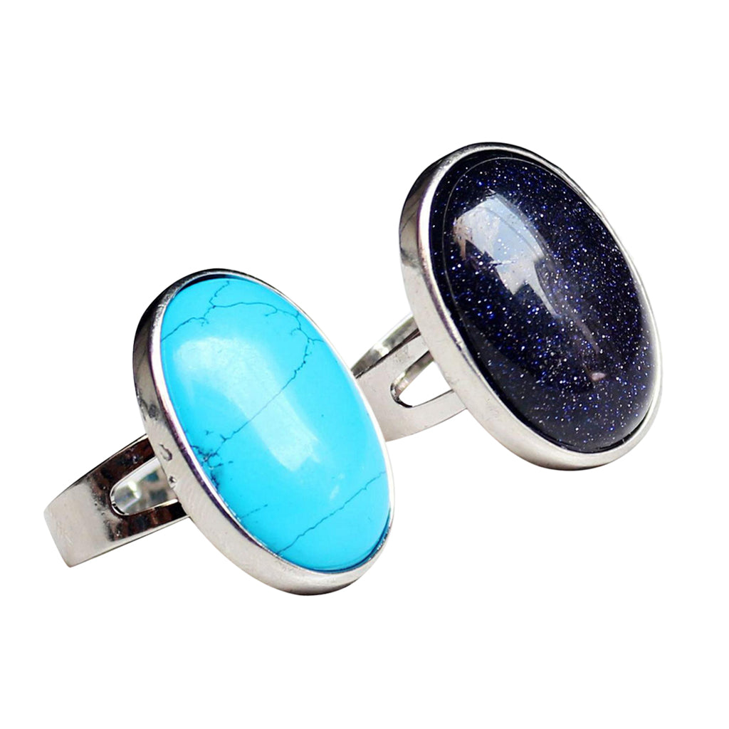 2 Pieces Natural Crystal Oval Gemstone Wedding Finger Ring Adjustable Band