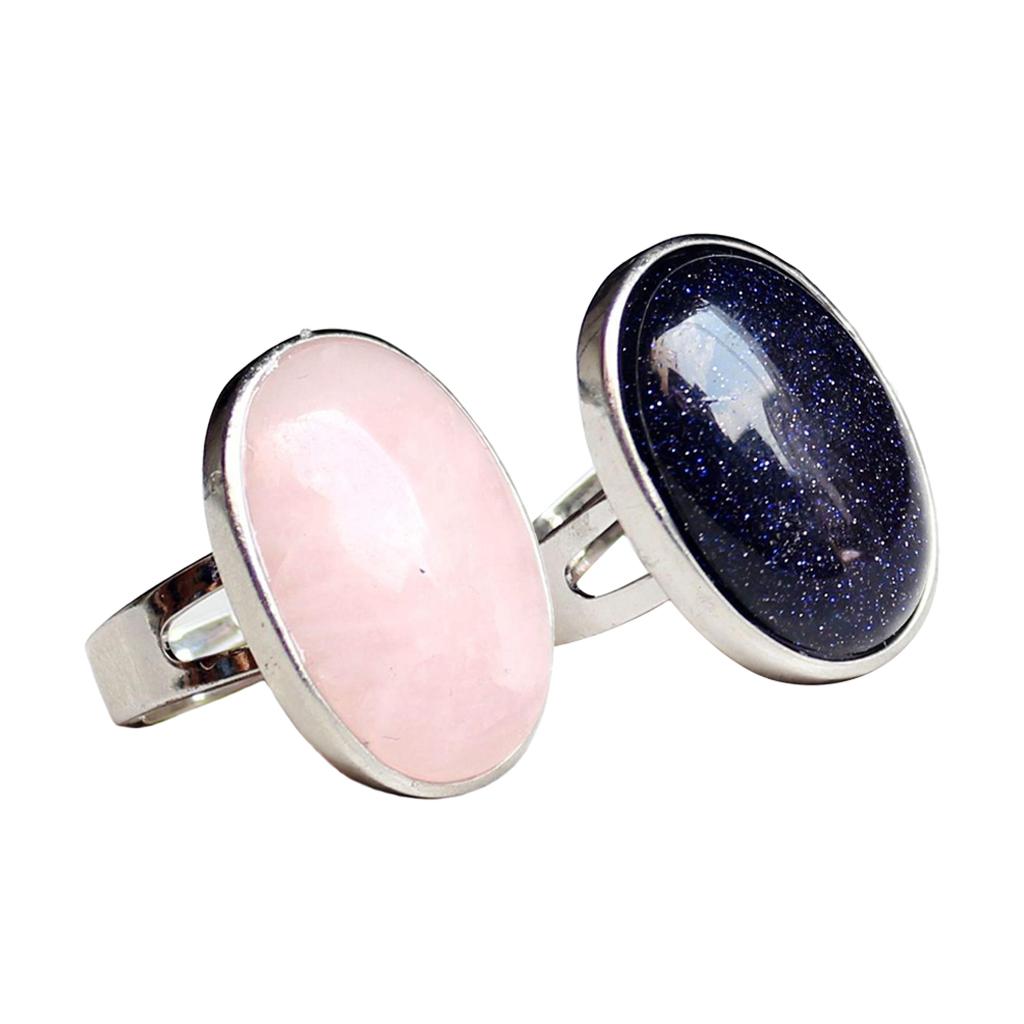 2 Pieces Natural Crystal Oval Gemstone Wedding Party Finger Ring Adjustable