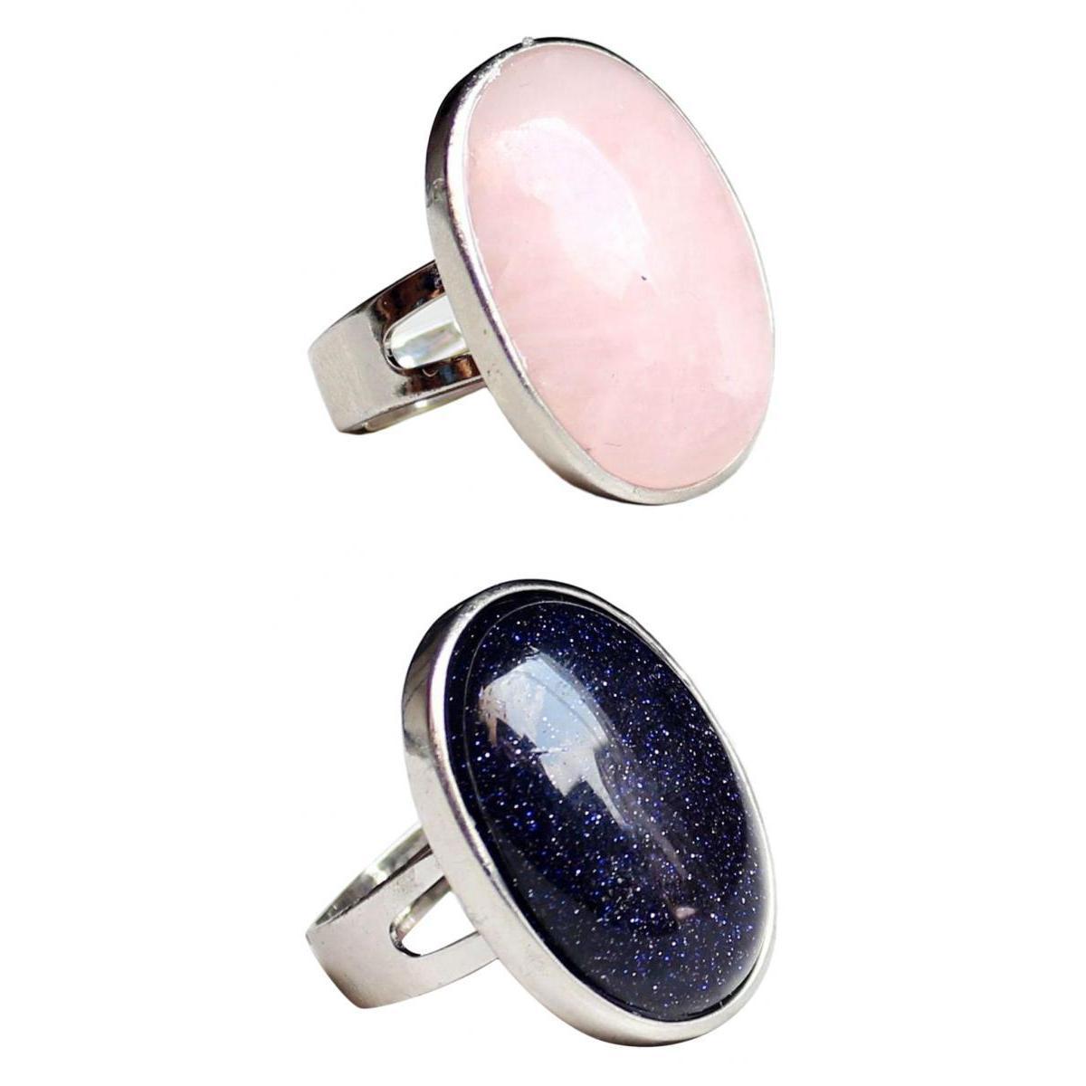 2 Pieces Natural Crystal Oval Gemstone Wedding Party Finger Ring Adjustable