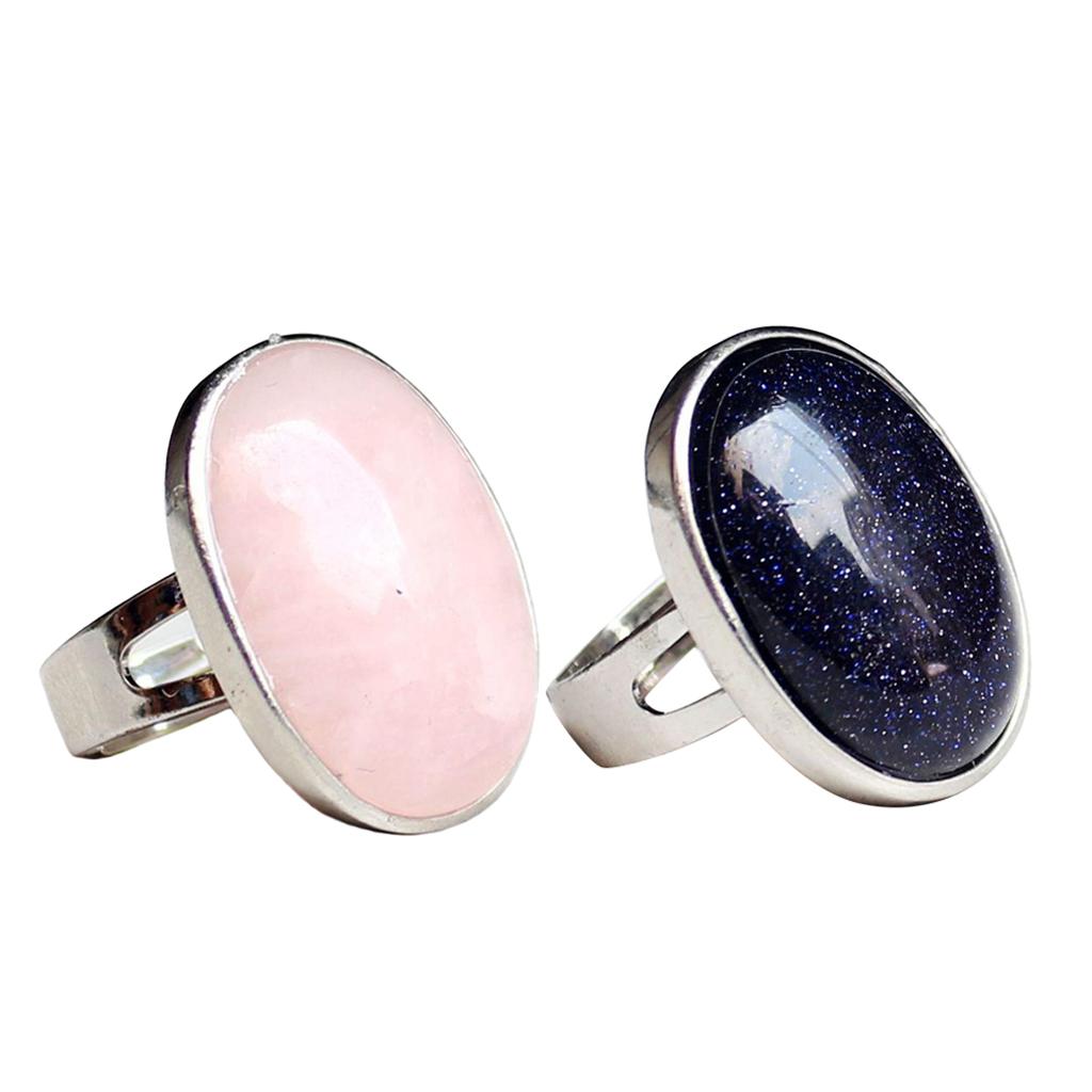 2 Pieces Natural Crystal Oval Gemstone Wedding Party Finger Ring Adjustable