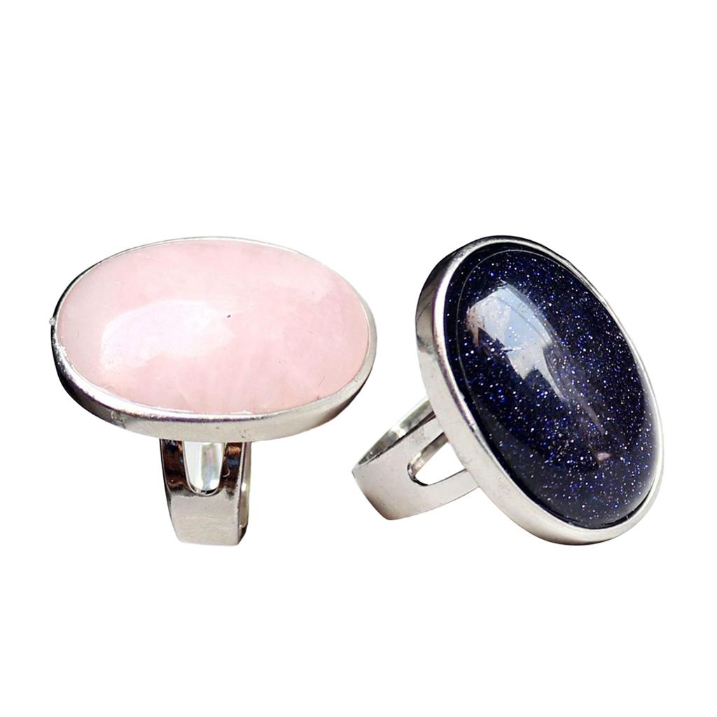 2 Pieces Natural Crystal Oval Gemstone Wedding Party Finger Ring Adjustable