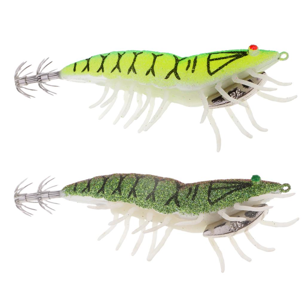 2pcs Glow in Dark Squid Jig Hooks Shrimp Fishing Lures w/ Luminous Soft Legs
