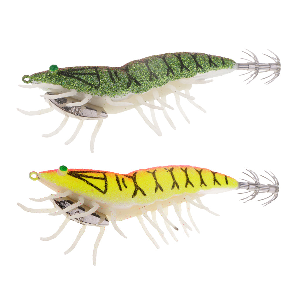 2x Glow in Dark Squid Jig Hooks Shrimp Fishing Lures with Luminous Soft Leg