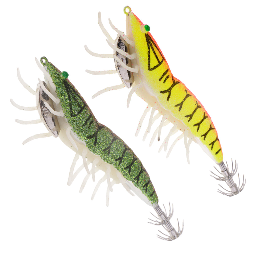 2x Glow in Dark Squid Jig Hooks Shrimp Fishing Lures with Luminous Soft Leg