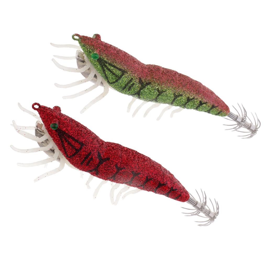 2pcs Glow in Dark Squid Jig Hooks Shrimp Fishing Lures w/ Luminous Soft Leg