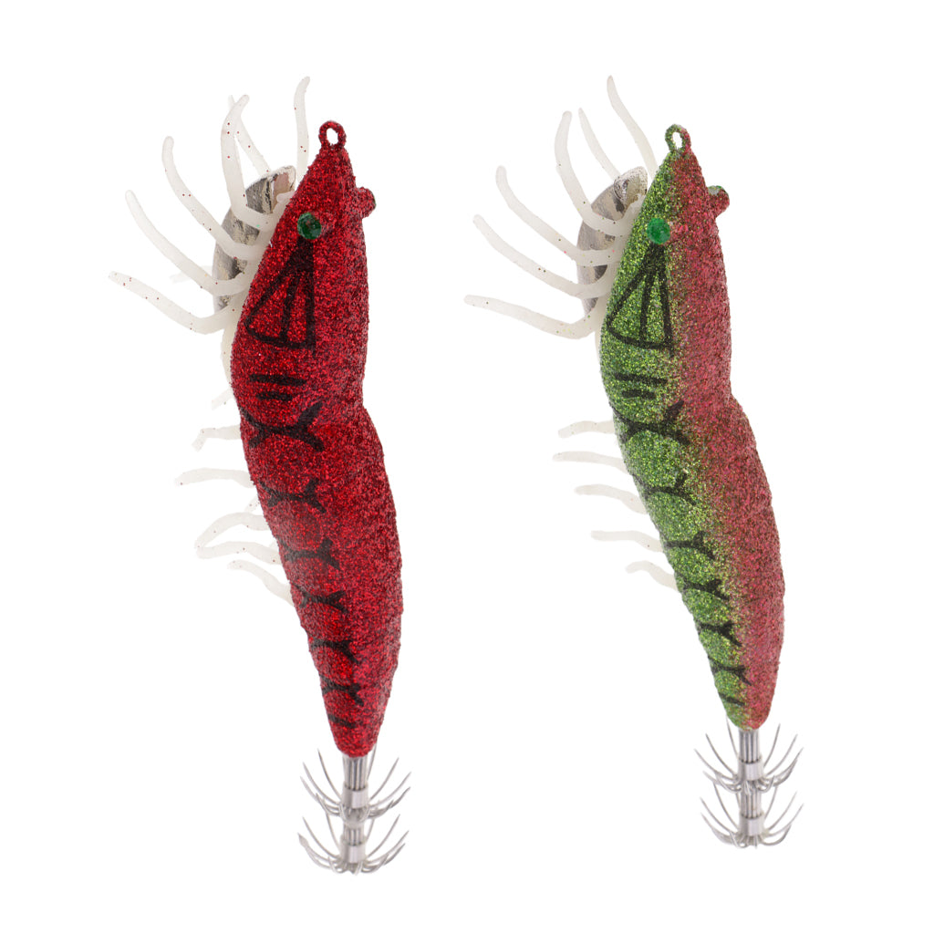 2pcs Glow in Dark Squid Jig Hooks Shrimp Fishing Lures w/ Luminous Soft Leg