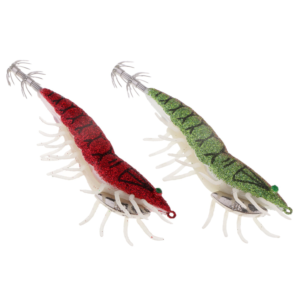 2pcs Glow in Dark Squid Jig Hooks Shrimp Fishing Lures w/ Luminous Soft Leg