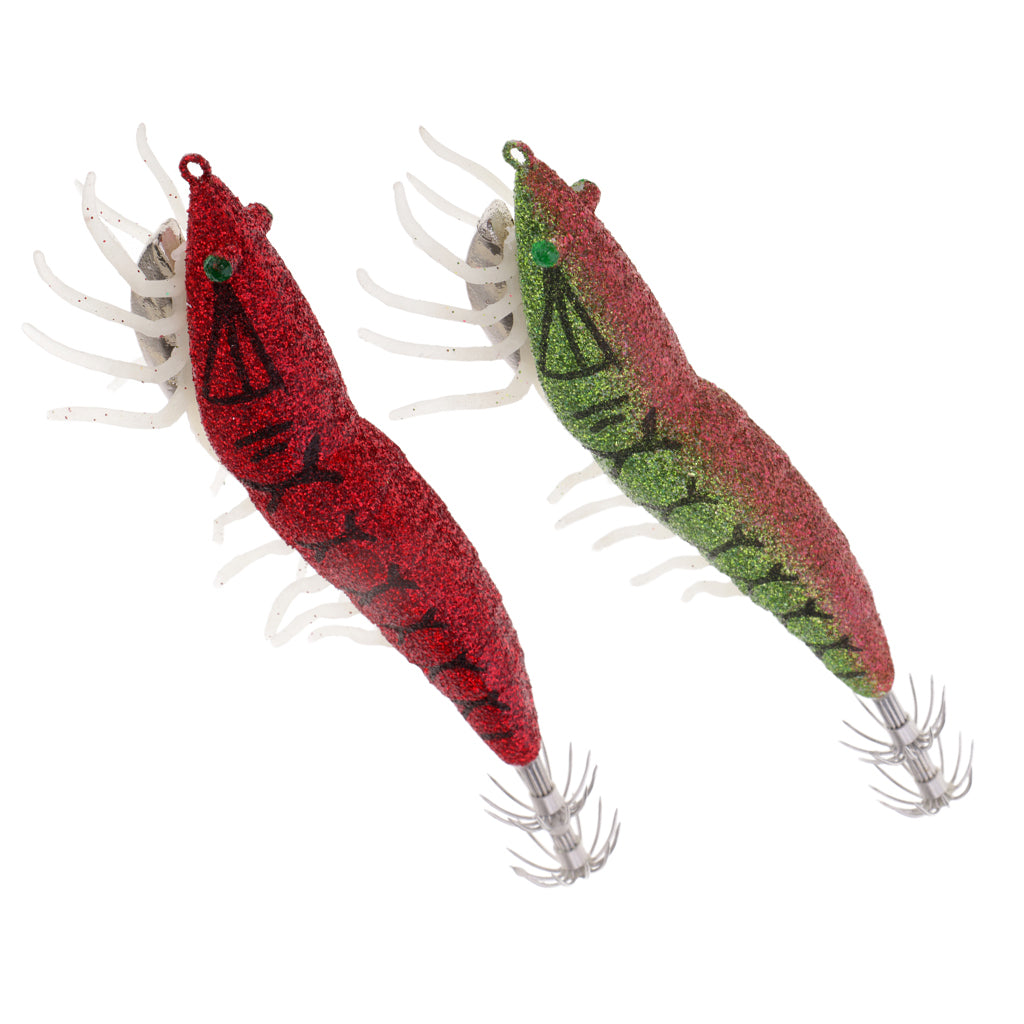 2pcs Glow in Dark Squid Jig Hooks Shrimp Fishing Lures w/ Luminous Soft Leg