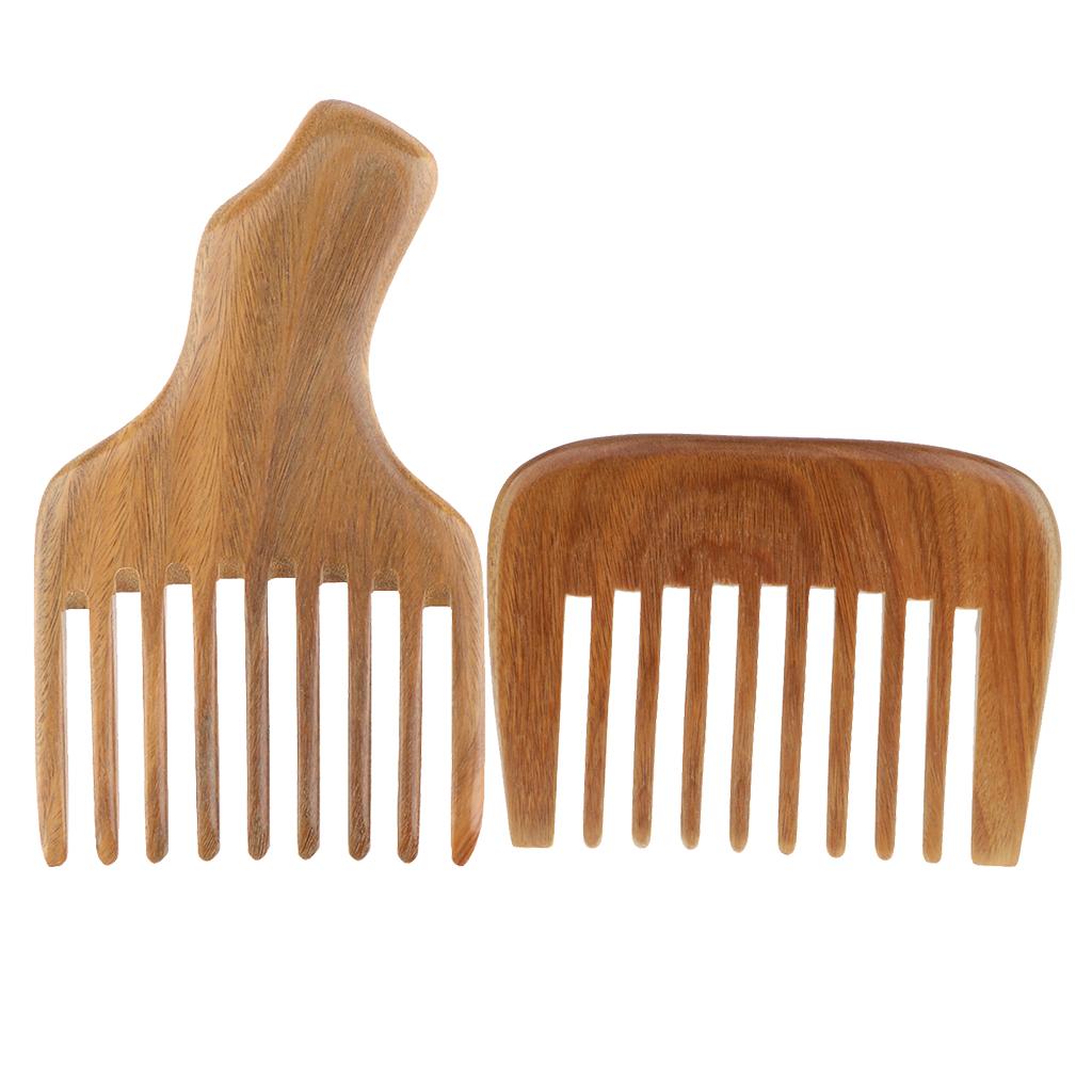 2x Natural Wood Wide Tooth Comb Detangler Brush Anti Static Green Sandalwood