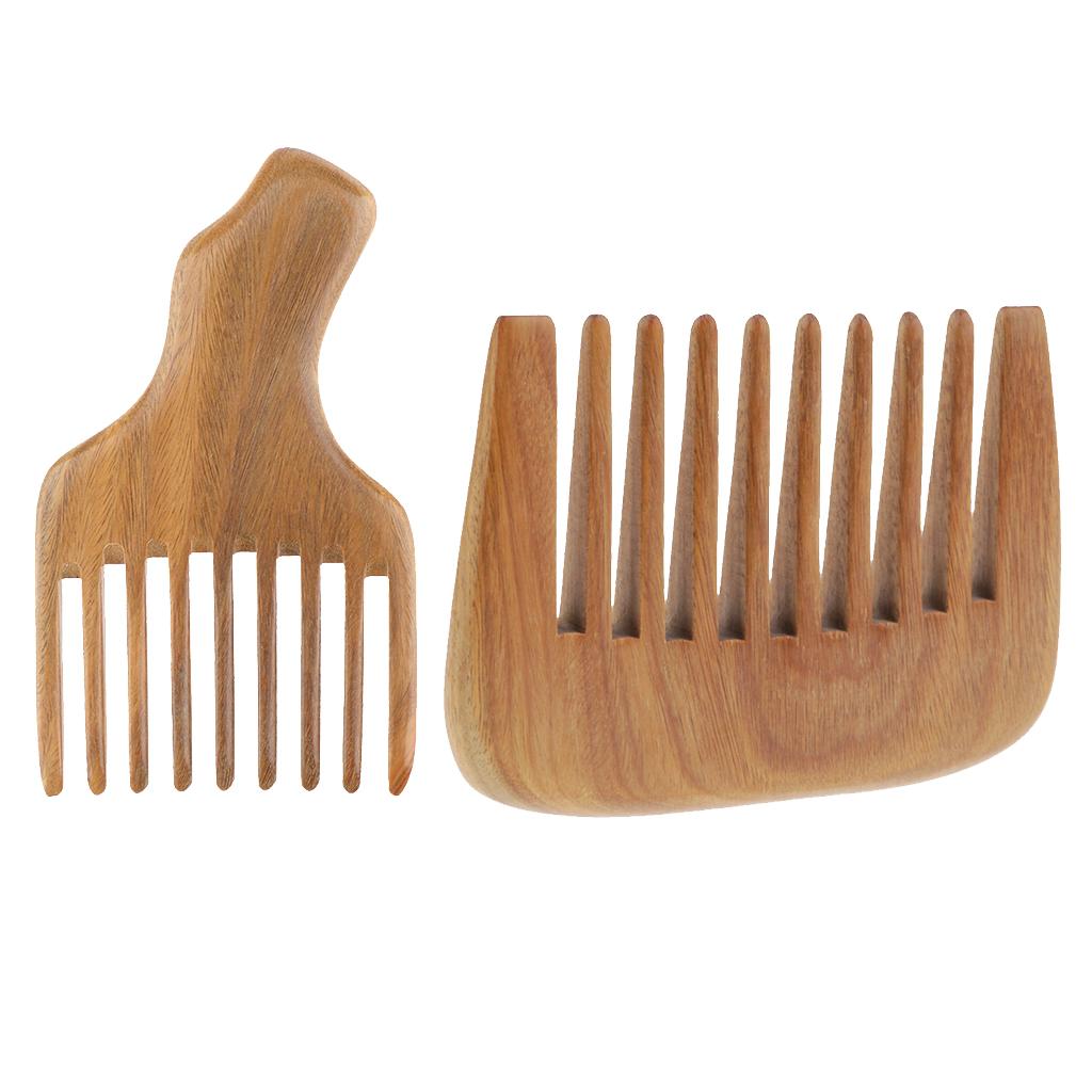 2x Natural Wood Wide Tooth Comb Detangler Brush Anti Static Green Sandalwood