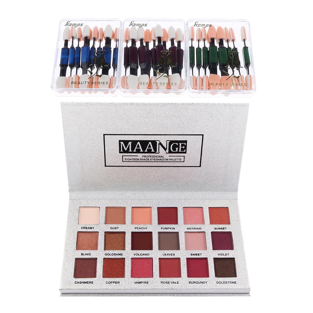 18 Colors Eyshadow Makeup Palette Matte Shimmer+Disposable Sponge Brush Sets