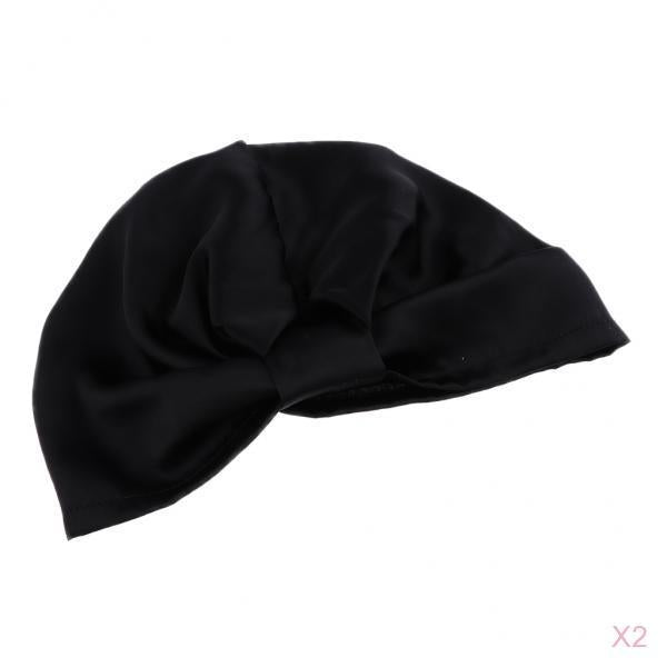 2pcs Womens Pure Silk Sleep Hats Wrap Night Cap Hair Care Bonnet Black