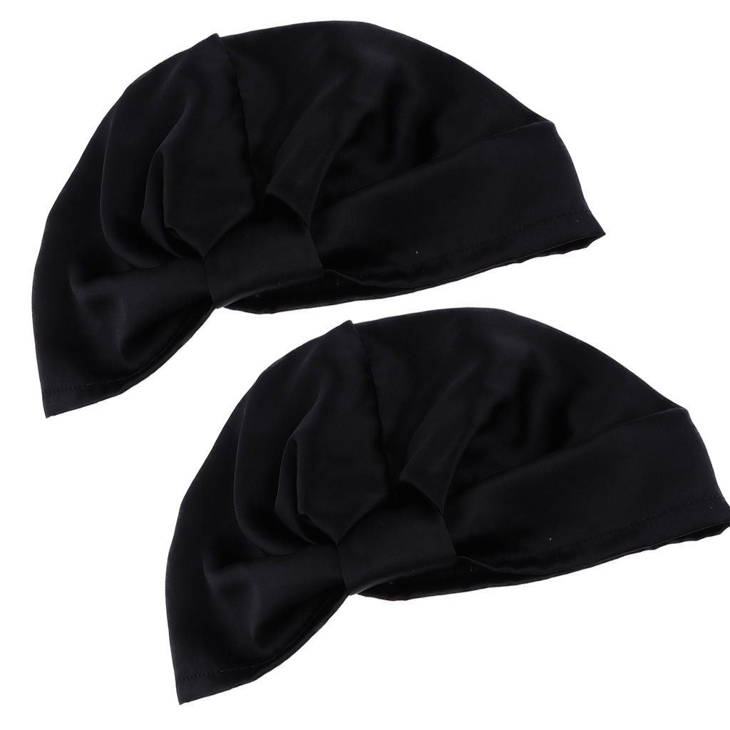2pcs Womens Pure Silk Sleep Hats Wrap Night Cap Hair Care Bonnet Black