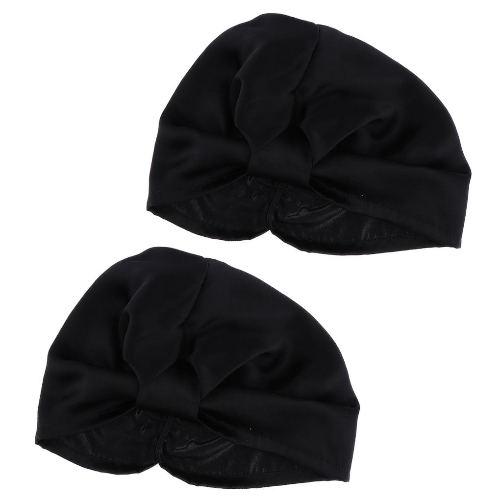 2pcs Womens Pure Silk Sleep Hats Wrap Night Cap Hair Care Bonnet Black