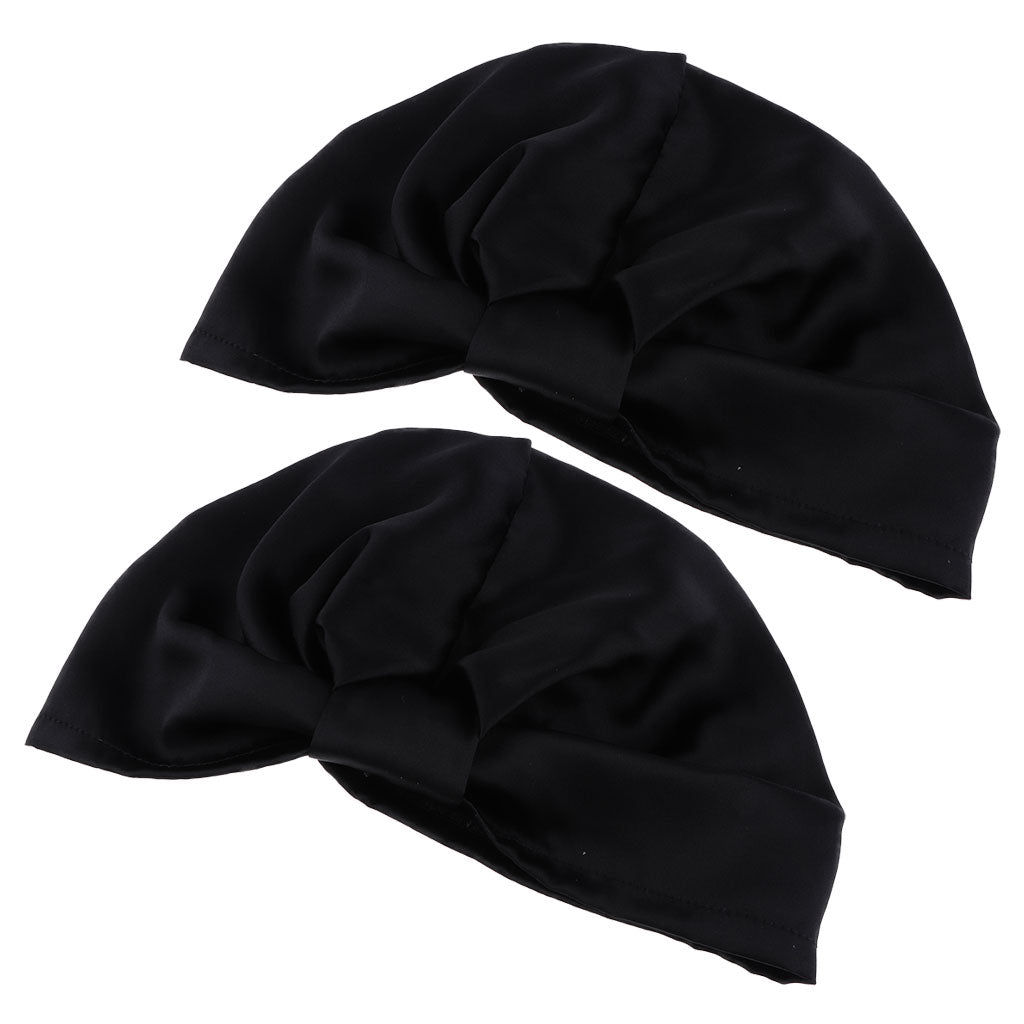 2pcs Womens Pure Silk Sleep Hats Wrap Night Cap Hair Care Bonnet Black