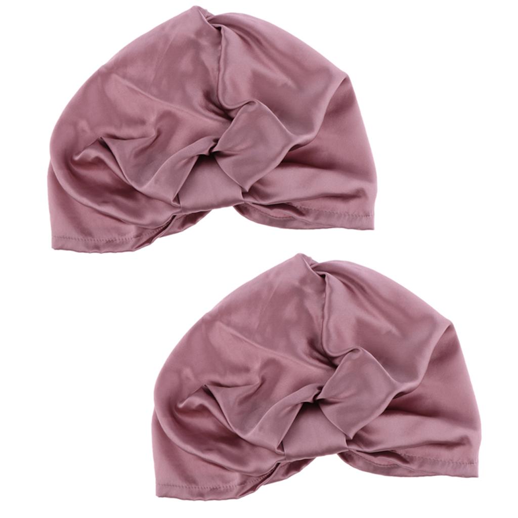 2pcs Womens Pure Silk Sleep Hats Wrap Night Cap Hair Care Bonnet Pink